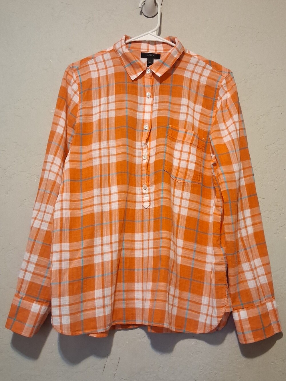 J. Crew Women Long Sleeve Top Tunic Sz10 Orange/White Plaid Pocket - Picture 11 of 11